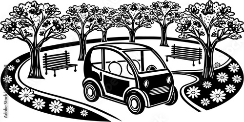 Electric Car Drive Through Blooming Spring City Park