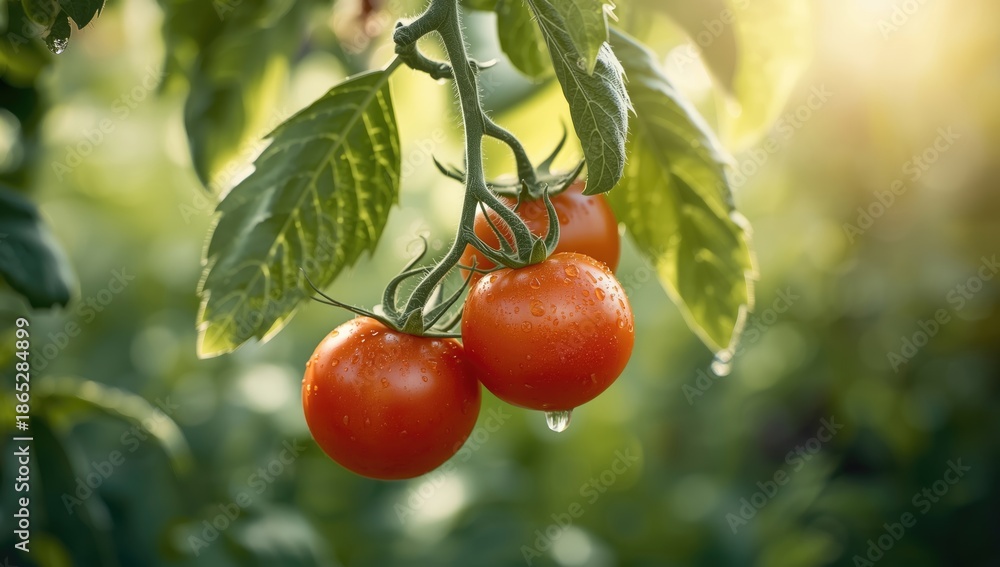 Fototapeta premium Tomatoes on plant, illustrating harvesting for food preparation