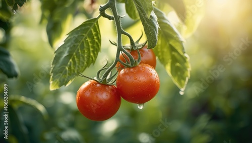 Tomatoes on plant, illustrating harvesting for food preparation © AkuAku