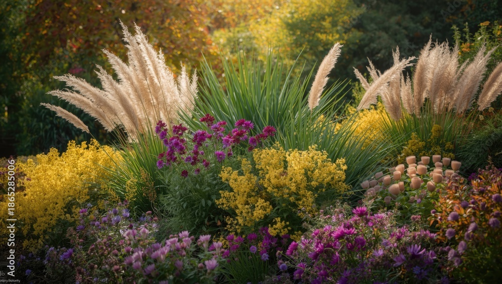 Obraz premium Colorful fall planting featuring purple aster, goldenrod, epiphytic aster, and tall moor grass, garden aesthetics