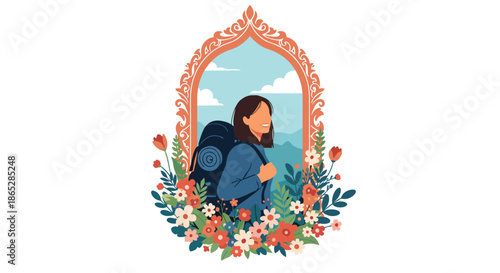Beautiful illustration of a happy female traveler with a backpack, framed by an ornate arch and a lush arrangement of colorful spring or summer flowers.