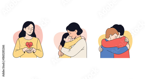 Set of three illustrations depicting love and care, showing a woman holding a beating heart, a mother hugging her child, and a couple embracing warmly.