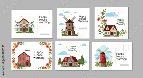 Collection of six charming happy housewarming greeting cards featuring cute houses, windmills, and floral watercolor decorations.
