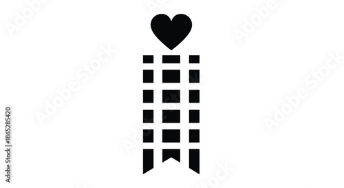 Simple black silhouette icon of a bookmark with a checkered pattern and a heart shape on top for book lovers and reading.