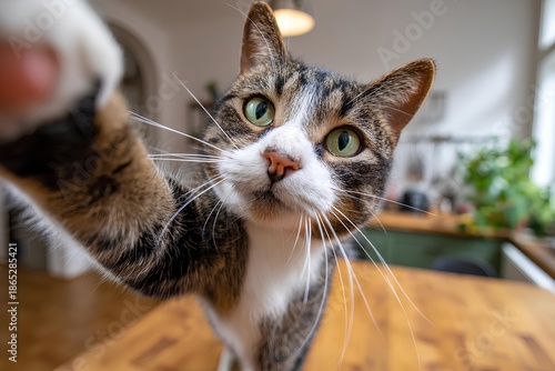 Domestic cat stretches paw to reach for a piece of food on a wooden table, showcasing playful behavior in a cozy indoor environment with greenery in the background