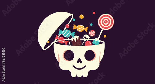 Cute and colorful Halloween illustration of a smiling skull candy bowl overflowing with sweets against a dark purple background.