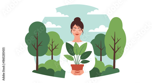 Peaceful woman with closed eyes holding a potted plant, connecting with nature and promoting environmental conservation concepts.