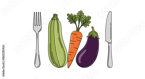 Healthy eating concept illustration showing fresh vegetables between a fork and a knife, representing a vegan or vegetarian meal.