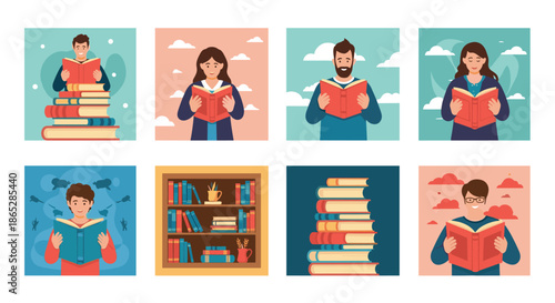 Collection of square illustrations featuring diverse people enjoying reading books, alongside images of bookshelves and book stacks.