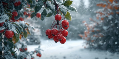 Snow-covered red berries, winter flora and natural preservation