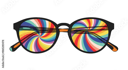 Stylish sunglasses with a psychedelic rainbow swirl pattern reflected in the lenses, representing a vibrant and retro aesthetic.