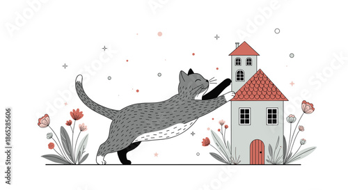 Playful grey cat stretching and scratching a small, charming house in a whimsical garden with flowers and sparkling stars.