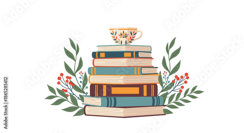 Cozy illustration of a tall stack of books with a patterned teacup on top, decorated with green leaves and red berries.