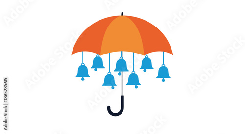 Creative and whimsical illustration of an open orange umbrella with ringing blue bells hanging from its spokes like raindrops.