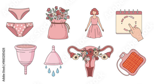 Comprehensive collection of feminine hygiene and menstruation icons including period underwear, menstrual cups, a uterus, and a calendar.