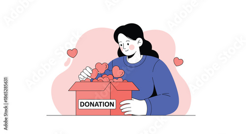 Young woman carefully placing small hearts into a donation box, illustrating the concept of charity, volunteering, and kindness.