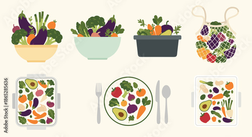 Set of six compositions featuring fresh vegetables, promoting healthy eating, veganism, and cooking with organic produce.