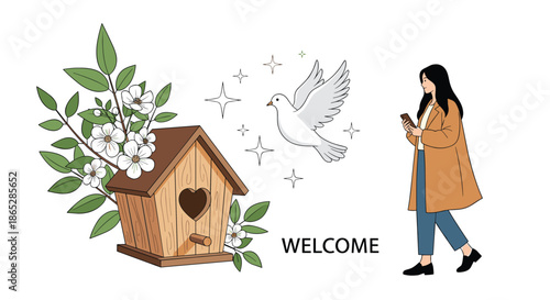 Welcome concept illustration with a woman on her phone, a white dove, and a wooden birdhouse on a flowering branch.