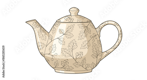 Elegant beige ceramic teapot with a detailed, delicate etched pattern of oak leaves and acorns for a cozy tea time.