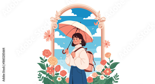 Beautiful young woman with a backpack and an umbrella standing in an ornate frame surrounded by blooming spring flowers.