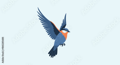 Graceful blue and orange bird captured in mid-flight with its wings wide open, illustrated in a simple, flat style.
