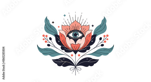 Mystical bohemian illustration of a blooming flower with an all-seeing eye in its center, surrounded by leaves, berries, and shining stars.