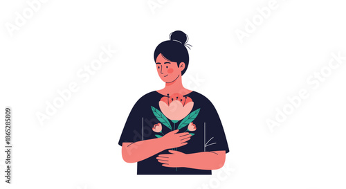Symbolic illustration of a woman with her hair in a bun, tenderly holding a large pink flower that is blooming from her heart or chest.
