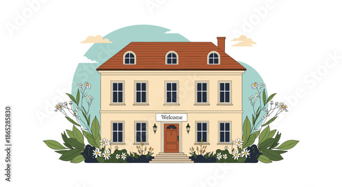 Charming illustration of a classic two-story mansion with a 'Welcome' sign on the door, surrounded by lush green plants and white flowers.