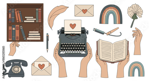 Aesthetic collection of vintage and retro-themed items for writing and communication, including a typewriter, love letters, books, and an old telephone.