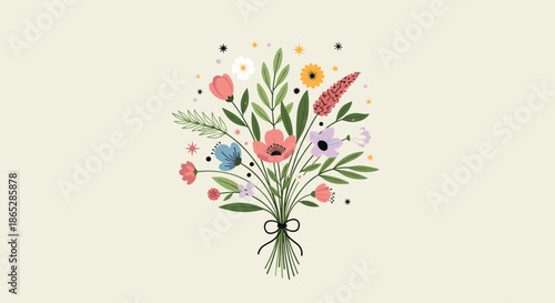 Beautiful hand-drawn bouquet of colorful wildflowers tied with a simple black bow, illustrated in a charming and rustic style on a beige background.