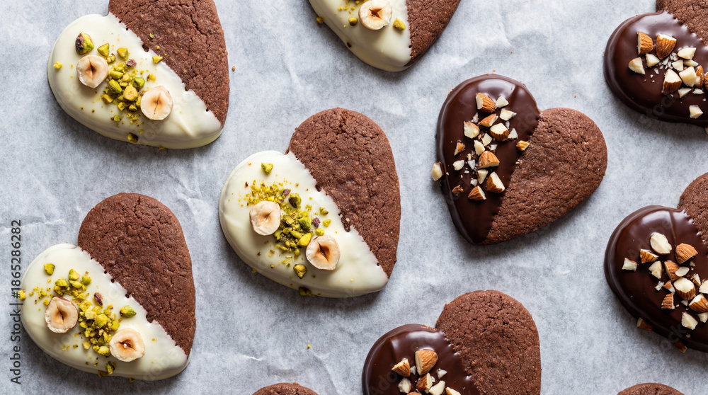 Fototapeta premium Heart-Shaped Chocolate Cookies Dipped in White and Dark Chocolate Topped with Pistachios and Almonds on Parchment Paper, Romantic Dessert for Valentine's Day