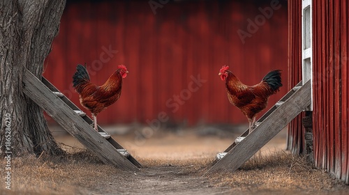 Two chickens are on a ladder, one on the left and one on the right. The ladder is wooden and the chickens are brown