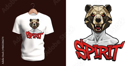 This vector T-shirt features a geometric stylized bear head fused with a muscular humanoid torso. The angular facial planes, sharp lines, polygonal shading, and bold contrasting colors give the