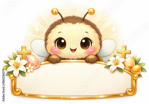 Smiling cartoon bee holding a blank gold-framed sign with Easter flowers and Christian symbols..Ideal for church flyers, Easter invites, or seasonal branding designs.
