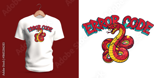 This vector T-shirt design features a coiled stylized snake wrapped around bold graffiti text reading “Error Code.” The serpent is illustrated with segmented scales, curved body forms, sharp highlight