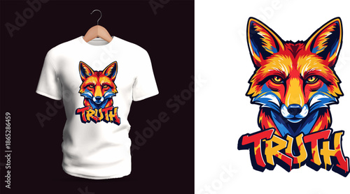 This vector T-shirt artwork features a vividly colored fox head in orange, blue, and yellow hues with sharp facial details, intense gaze, pointed ears, and stylized fur, combined with graffiti-style
