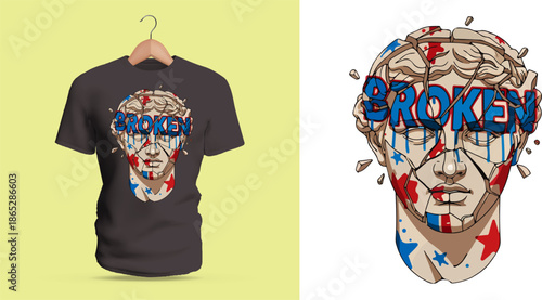 This vector T-shirt artwork showcases a classical statue head illustrated with cracks, fragmented shapes, dripping strokes, and bold blue and red accents. The sculpted face features detailed contours