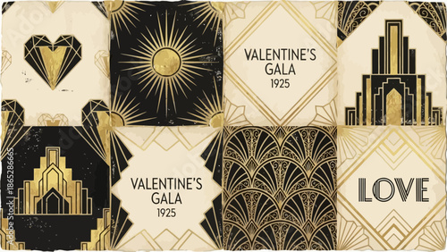 A vintage Art Deco style Valentine's Day card with geometric patterns and gold accents