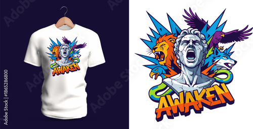 This vector T-shirt artwork shows a classical shouting statue head surrounded by dynamic animals, including a roaring lion and a flying eagle. The scene is illustrated in vivid blue, orange,