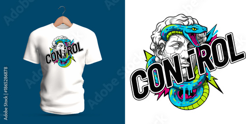 This vector T-shirt design features a classical statue head wrapped by a vibrant green and blue snake, illustrated with sharp scales, coiled curves, and expressive stone textures. The detailed composi