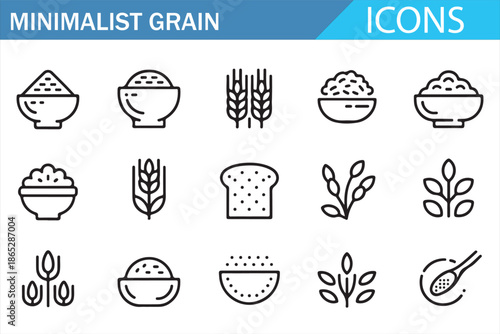 Minimalist Grain Icons Set in Line Style with Wheat Bread Rice Seeds and Cereal Food Symbols for Agriculture, Bakery, Organic Branding and Packaging Vector