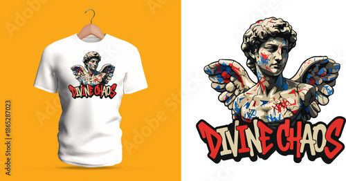 This vector T-shirt artwork showcases a sculpted angelic statue figure decorated with colorful paint splashes, expressive strokes, and detailed wings. The composition blends marble textures