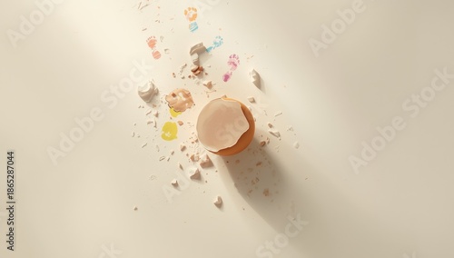 Eggshell fragment and bird footprints illustrating early development stages and transition, daylight, neutral setting © AkuAku