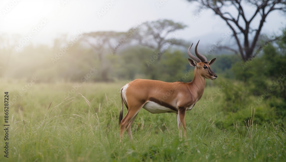Fototapeta premium Water bucks female in a lush environment, highlighting animal behavior and habitat preservation