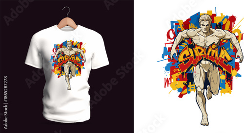 This vector T-shirt design shows a muscular running figure surrounded by colorful abstract blocks in red, yellow, blue, and white. The energetic motion, strong anatomy, and bold overlapping shapes com