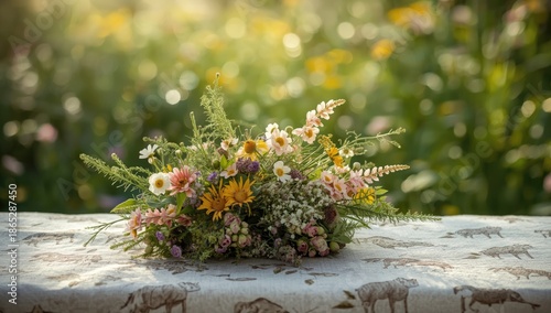 Wildflowers laid on animal print fabric, used as a natural motif in textile decoration, Earth Day