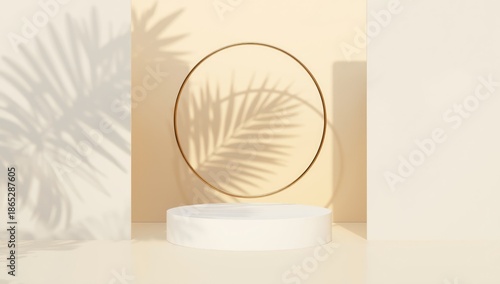 Display stand with palm shadow and gold ring frame on neutral background, used for product presentation or fashion shoots, Summer campaign © AkuAku