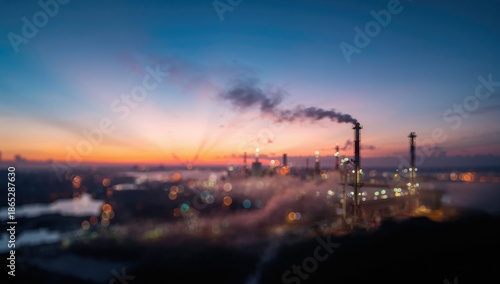 Vivid bokeh effect with an oil refinery in the distance during sunrise, suitable for editorial header backgrounds