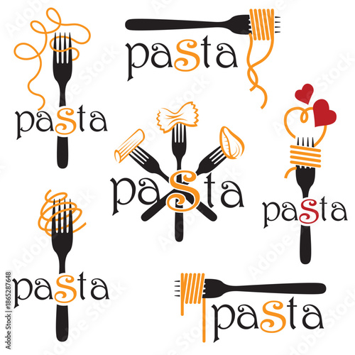 collection of forks with pasta isolated on white background