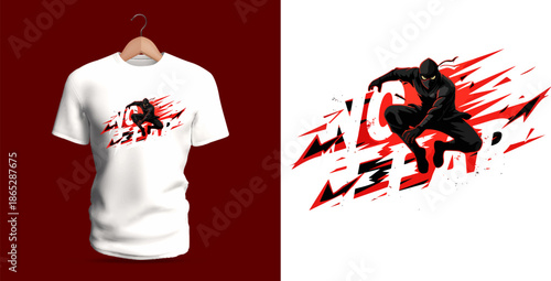 This vector T-shirt artwork shows a fast-moving athletic silhouette in black with red streaks trailing behind, expressing high speed and motion. The bold fragmented text “no fear” is integrated into